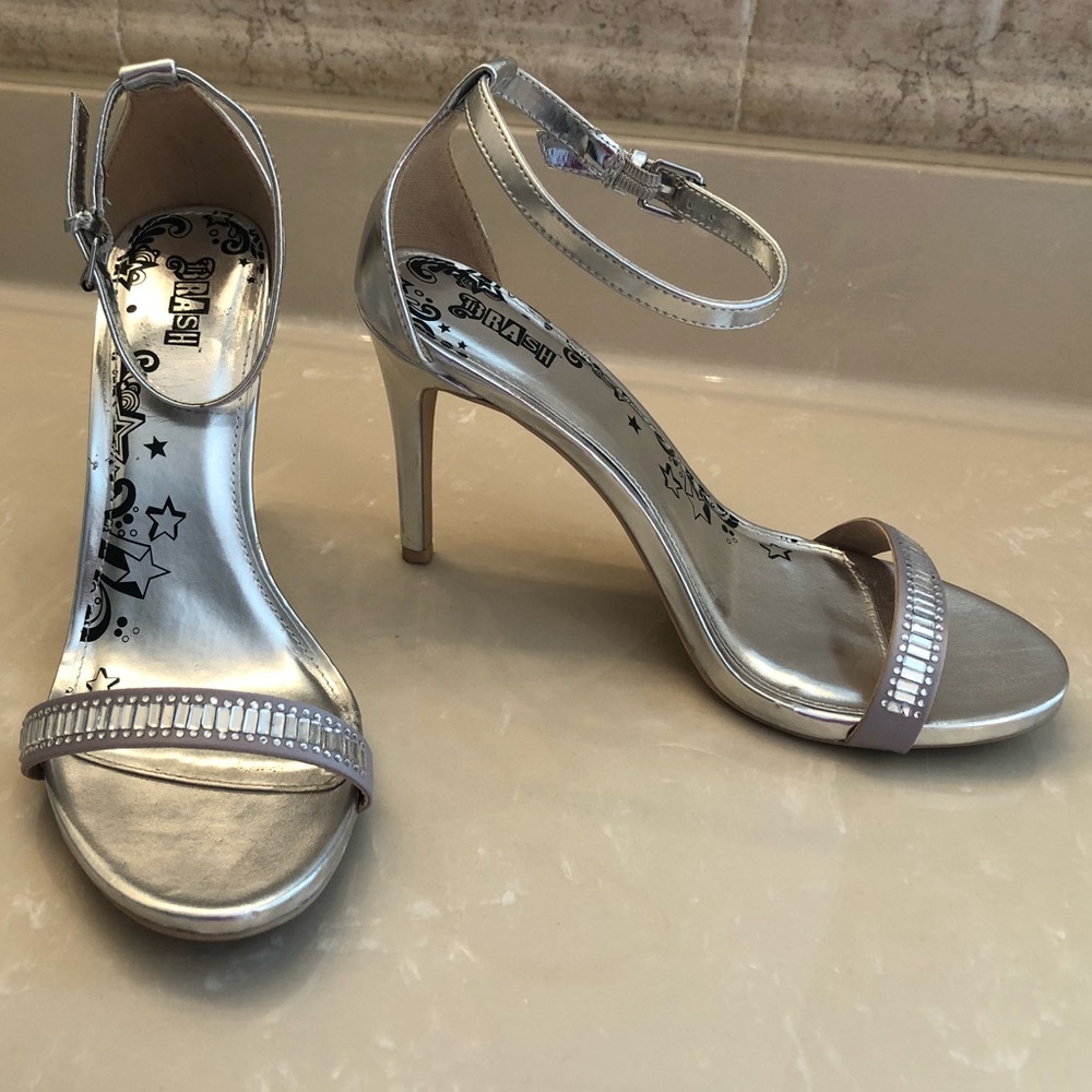 Brash Silver Strappy Heels with Stones